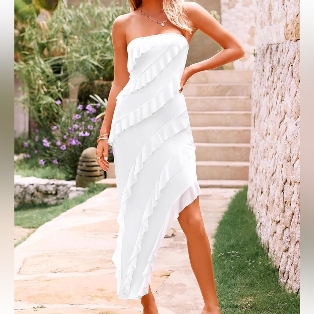 White strapless ruffle dress
